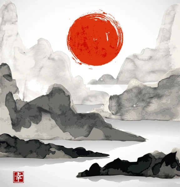 Mountains, red rising sun and sea — Stockvector