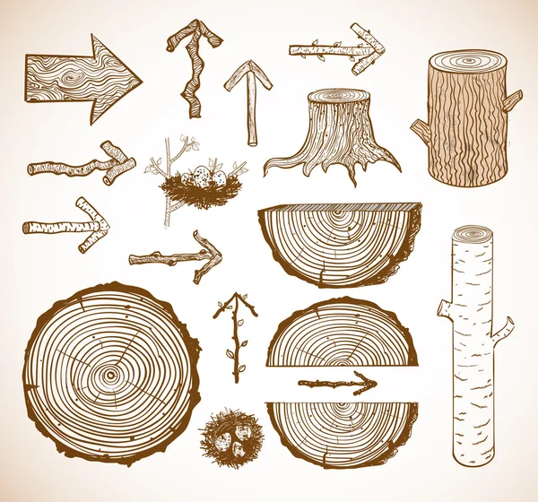 Schizzi di tagli di legno, tronchi, ceppi — Vettoriale Stock