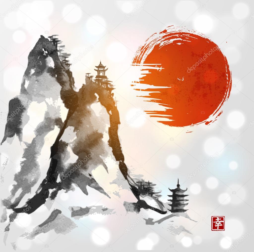 Mountains and red sun hand drawn