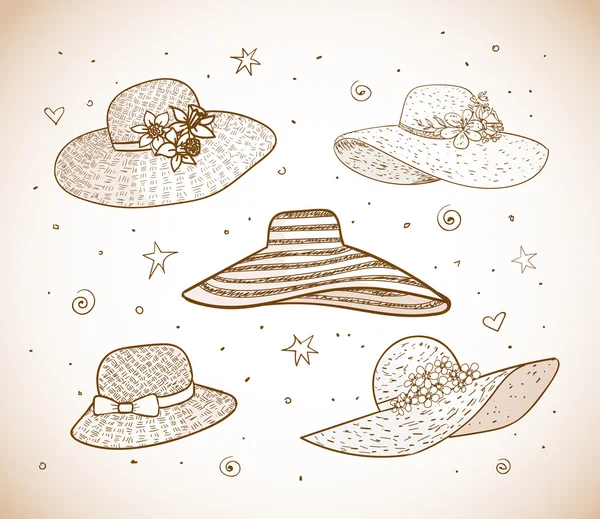 Set of five summer hats — Stock Vector