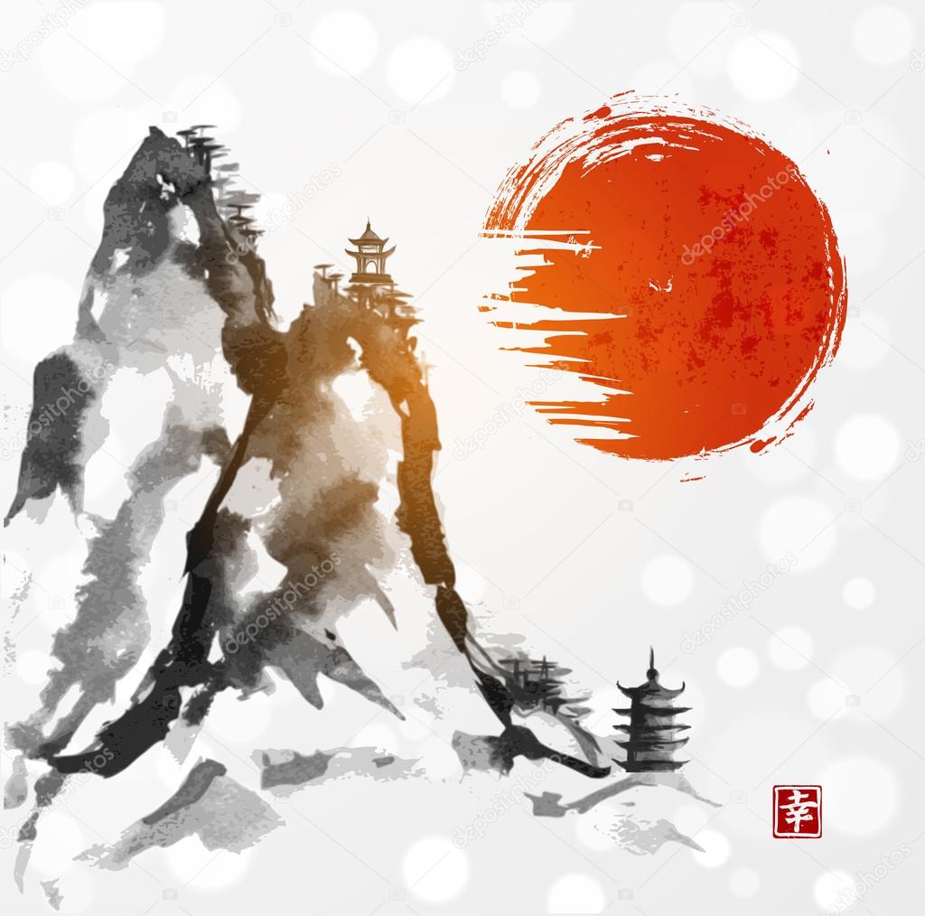 Mountains and red sun
