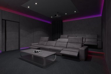 Ev sineması iç. 3D çizim.