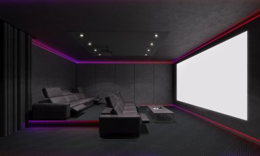 Ev sineması iç. 3D çizim.
