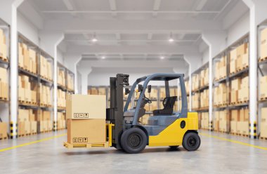 Forklift kamyon depoda. 3D çizim.