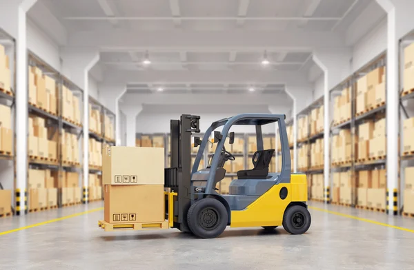 Forklift kamyon depoda. 3D çizim. — Stok fotoğraf