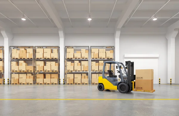 Forklift truck in warehouse. 3d illustration. — Stock Photo, Image