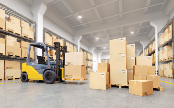 Forklift truck in warehouse.