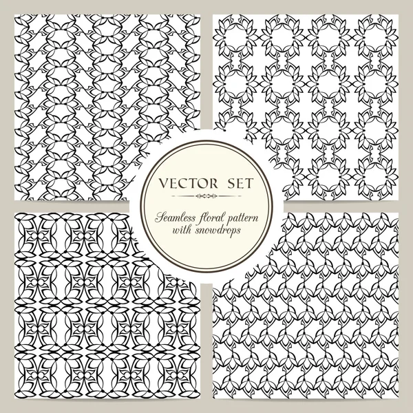 Vector set of black and white seamless floral pattern with snowdrops — Stock Vector