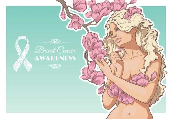 Žena s pobočkou magnólie květy a stuhou rakoviny prsu — Stockový vektor