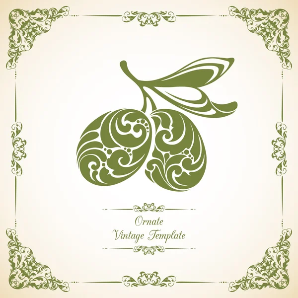 Modello con cornice decorativa e olive verdi ornate con foglia su ramo — Vettoriale Stock