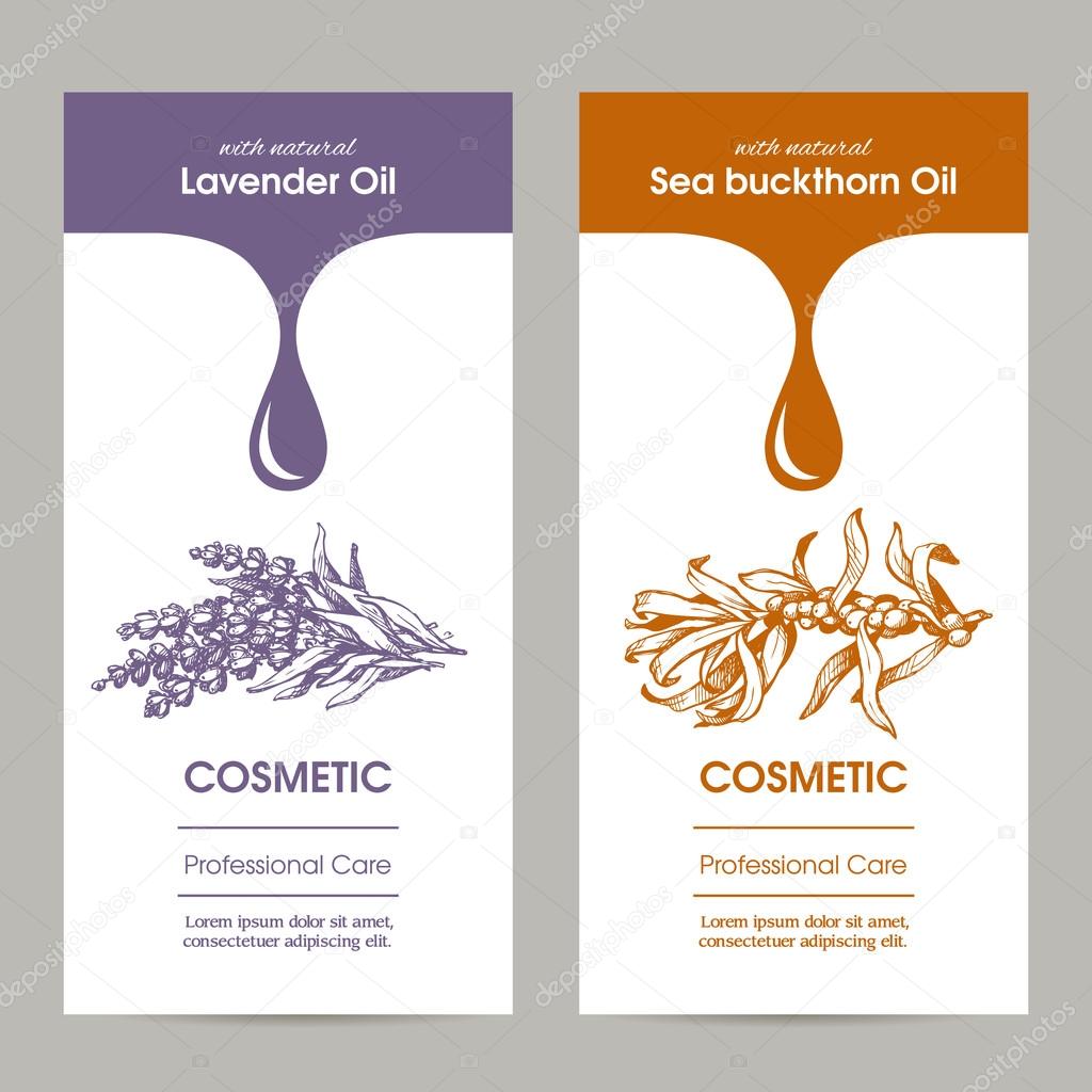 Vector set packaging design for cosmetic with sketch illustration of lavender an