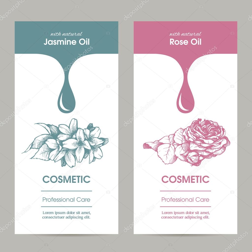 Vector set packaging design for cosmetic with sketch illustration of jasmine and