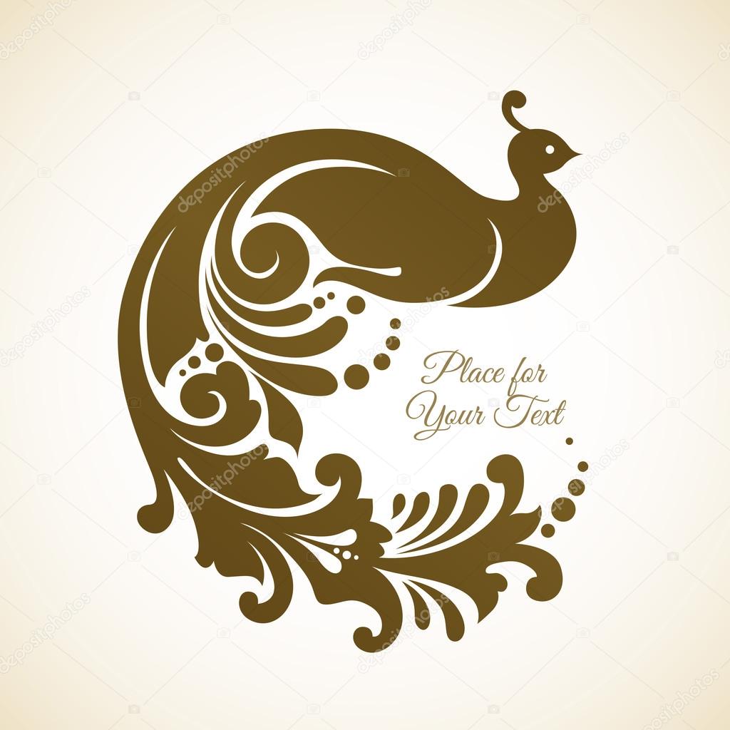 Ornamental frame with peacock. Bird icon. Vector illustration.