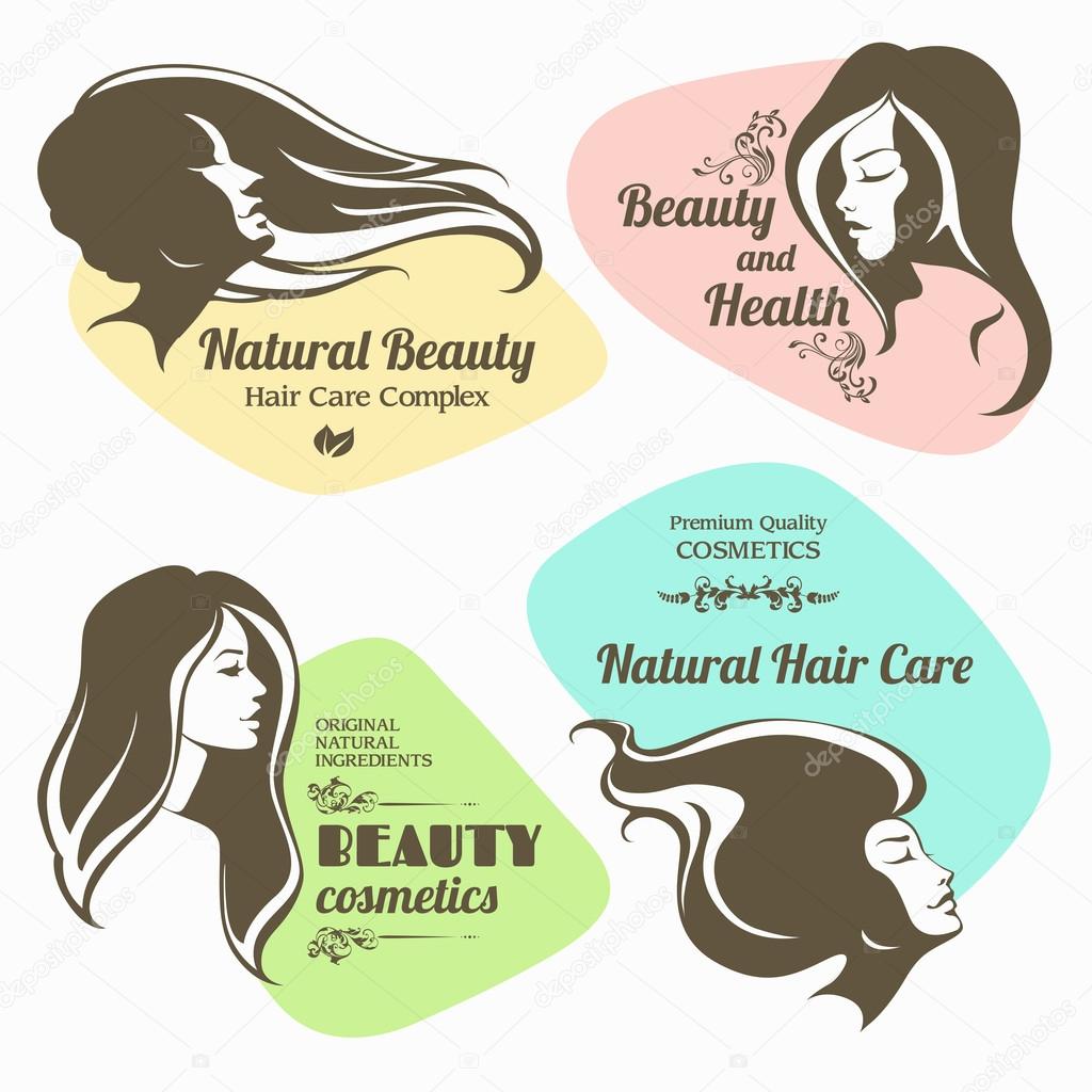 Vector set of beauty, cosmetics labels. Logo girl with long hair