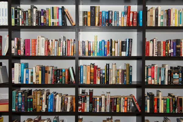 Muchos Libros Colores Que Yacen Los Estantes Sala Lectura Biblioteca —  Fotos de Stock