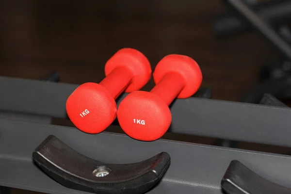 Two Red Rubberized Dumbbells Muscle Work Weighting Gym — Stock Photo, Image