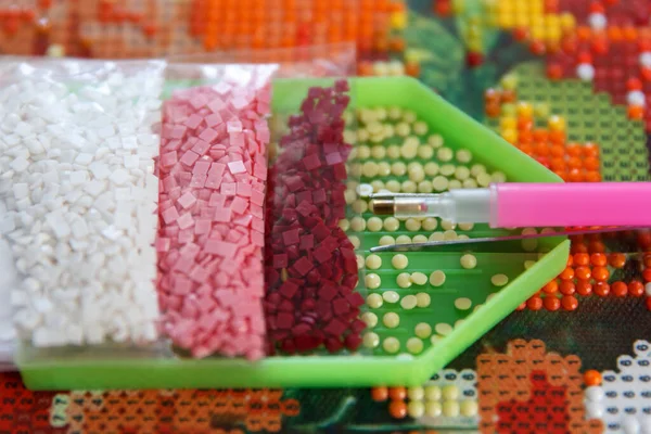 Preparation of tools, acrylic rhinestones, tweezers and pen, before starting work on 3D painting