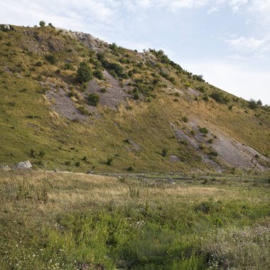 Çimenli bir yamacın manzarası. Açık mavi gökyüzünün altında kayalık çıkıntılar var. Yaban çiçekleri manzarayı dolduruyor, canlı bir doğal ortam yaratıyor.