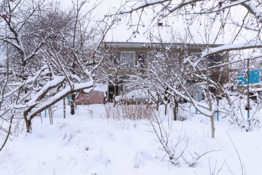 Çıplak ağaçlarla çevrili karlı bir manzara. Zemin yoğun karla kaplı, sakin bir kış manzarası yaratıyor.
