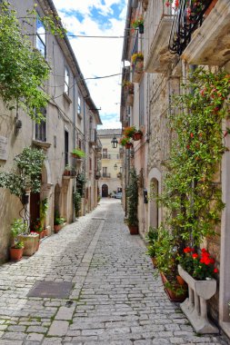 İtalya 'nın Molise bölgesindeki ortaçağ köyü Oratino' nun eski taş evleri arasında bir sokak..