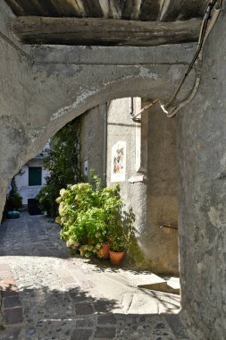 Grisolia 'da dar bir sokak, Calabria bölgesinde eski bir kasaba, İtalya.