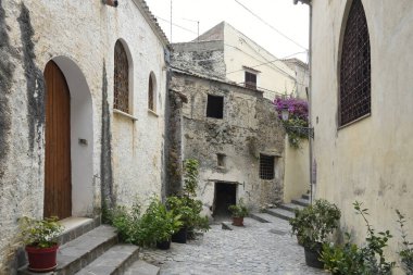 İtalya 'nın Calabria bölgesindeki bir ortaçağ köyü olan Scalea' nın eski evleri arasında dar bir sokak..