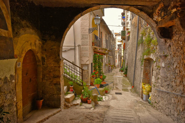 A narrow street in Pacentro, an old town in the Abruzzo region, Italy.