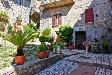 Lazio bölgesindeki ortaçağ köyü Prossedi 'nin eski evleri arasında dar bir sokak..