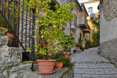 İtalya 'nın Molise bölgesinde bir ortaçağ kasabası olan Giulianova del Sannio' nun eski evleri arasında dar bir sokak..