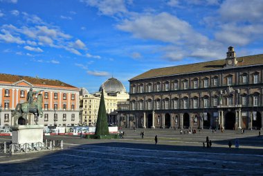 Naples, Italy, December 2020. A square with the royal palace in the historic center of the city.
