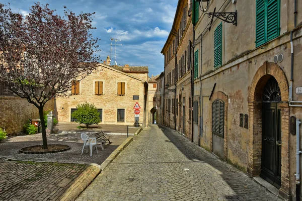 Uma Rua Estreita Entre Antigas Casas Montecosaro Uma Cidade Medieval — Fotografia de Stock