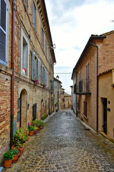 イタリアのマルケ州にある中世の町 モンテコサーロの古い家の間の狭い通り — ストック写真