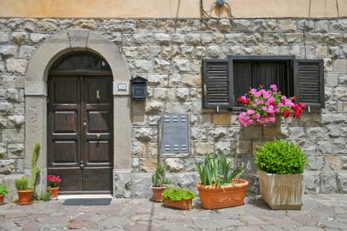 Molise bölgesinde bir ortaçağ köyü olan Belmonte del Sannio 'daki eski evlerin arasında küçük bir sokak..