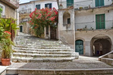 İtalya 'nın Lazio bölgesinde bir ortaçağ köyü olan Arce' nin eski evleri arasında küçük bir sokak..