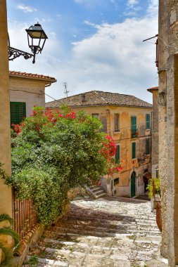 İtalya 'nın Lazio bölgesinde bir ortaçağ köyü olan Arce' nin eski evleri arasında küçük bir sokak..