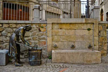Cosenza eyaletinin ortaçağ kasabası Fiore 'da tarihi San Giovanni caddesinde bir heykel ve çeşme..