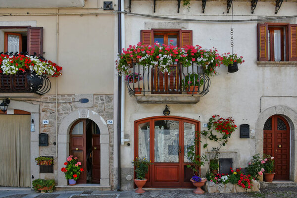 The facade of a house in Scontrone, a mountain town in the Abruzzo region of Italy.