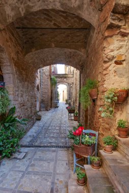 İtalya 'nın Umbria bölgesinde bir ortaçağ köyü olan Spello' nun eski taş evleri arasında bir sokak..
