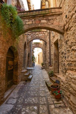 İtalya 'nın Umbria bölgesinde bir ortaçağ köyü olan Spello' nun eski taş evleri arasında bir sokak..