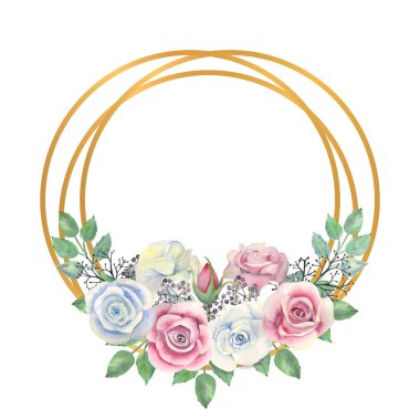 Mavi ve pembe güller, yeşil yapraklar, altın çerçeveli böğürtlenler. Çiçekli düğün konsepti. Tebrik kartları veya davetiyelerin dekorasyonu için suluboya kompozisyonları.