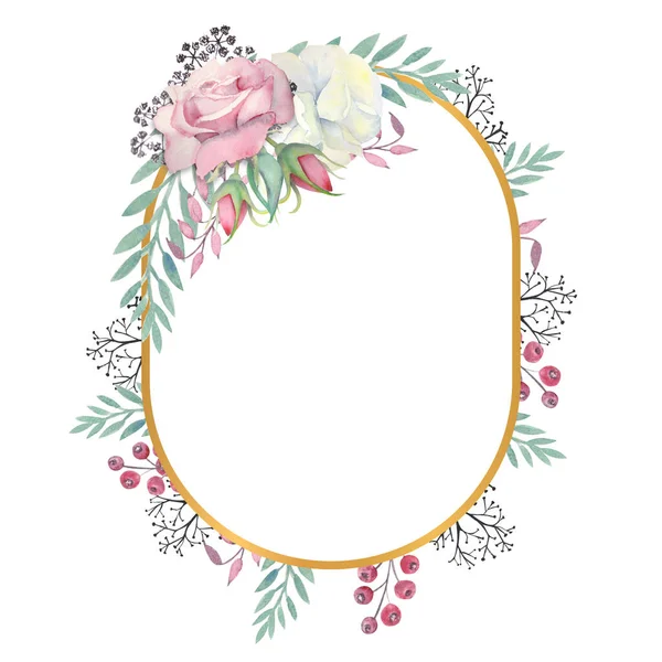 White Pink Roses Flowers Green Leaves Berries Gold Oval Frame — Stock Photo, Image