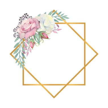 Beyaz ve pembe güller, yeşil yapraklar, altın çerçeveli böğürtlenler. Suluboya çizimi