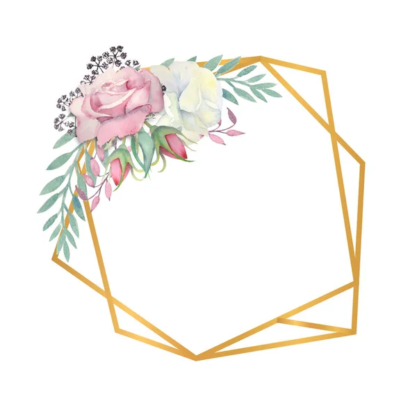 Rosas blancas y rosas flores, hojas verdes, bayas en un marco poligonal de oro. Ilustración en acuarela — Foto de Stock