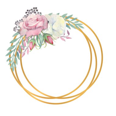 Beyaz ve pembe güller, yeşil yapraklar, altın çerçeveli böğürtlenler. Suluboya çizimi