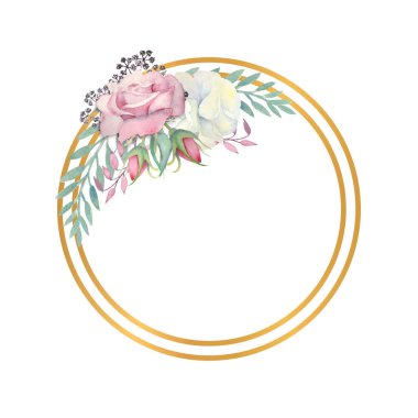 Beyaz ve pembe güller, yeşil yapraklar, altın çerçeveli böğürtlenler. Suluboya çizimi