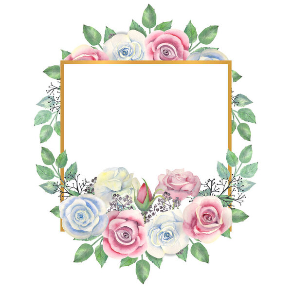 Blue and pink roses flowers, green leaves, berries in a gold square frame. Watercolor illustration