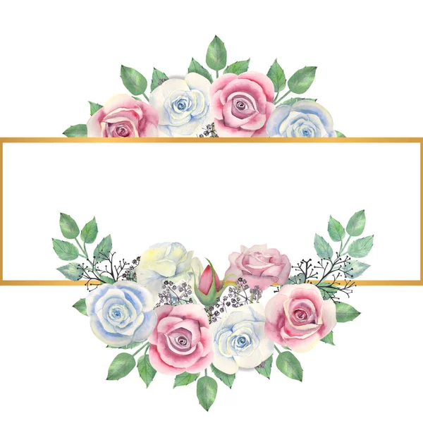 Flores rosas azules y rosas, hojas verdes, bayas en un marco rectangular de oro. Ilustración en acuarela — Foto de Stock