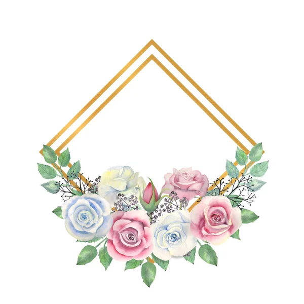 Μπλε και ροζ τριαντάφυλλα, πράσινα φύλλα, μούρα σε χρυσό διαμαντένιο πλαίσιο. Εικονογράφηση υδατογραφίας — Φωτογραφία Αρχείου