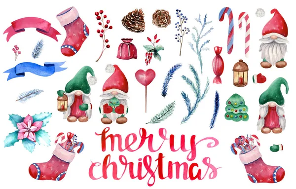 一组关于圣诞节主题的元素。圣诞侏儒,圣诞树,球果,浆果等.水彩画 — 图库照片