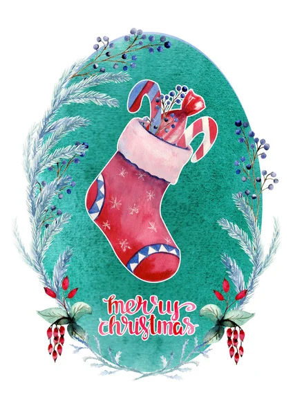Noworoczna kartka Wesołych Świąt. Czerwona skarpetka z prezentami na zielonym tle. Ilustracja akwarela — Zdjęcie stockowe